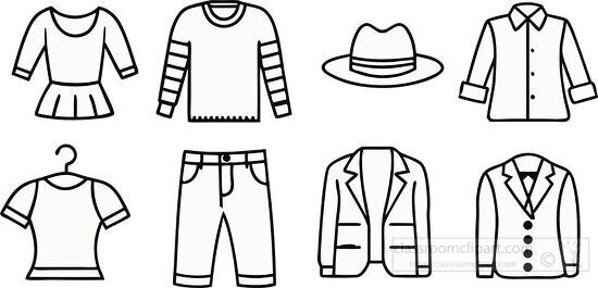 Simple black outline drawings of clothing