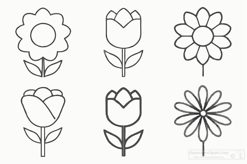 Set of six simple black and white flower icons with minimal design outline style