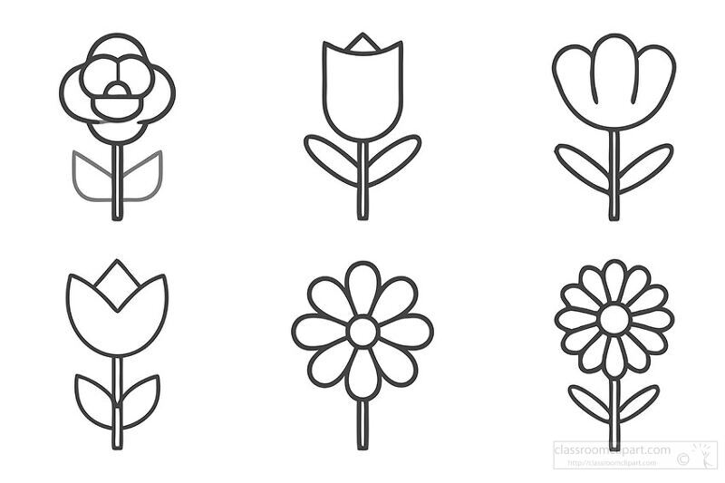 Simple flower line drawings featuring tulips, daisies, and roses, in black and white