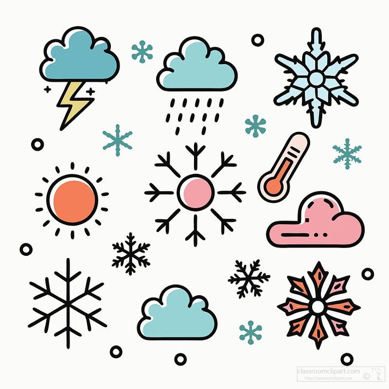 Simple winter elements like thermometers and snow crystals in so