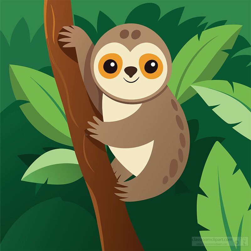 sloth clings to a tree trunk with lush green leaves