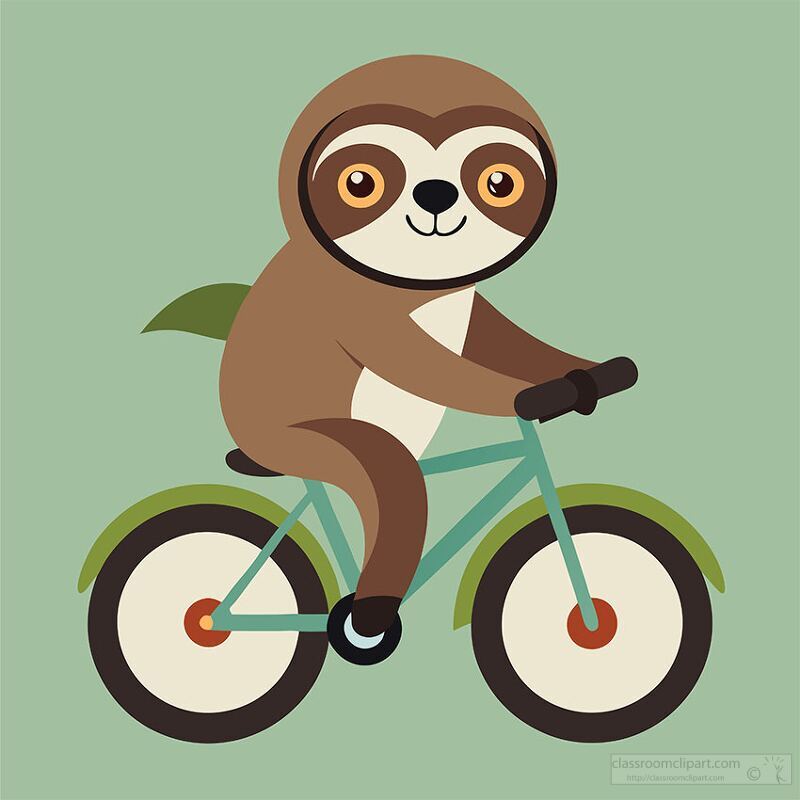 sloth rides a teal bicycle with green leaves on the back smiling