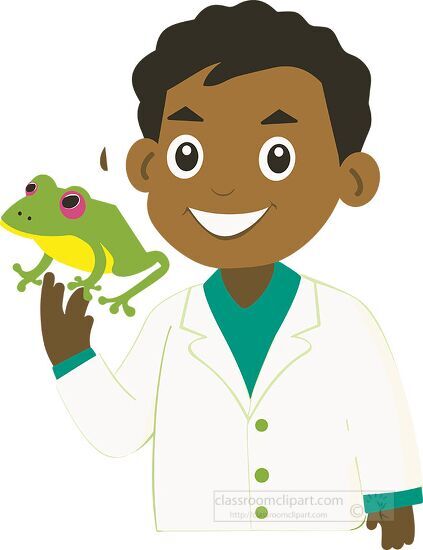 smiling african american boy Scientist holds a large green frog