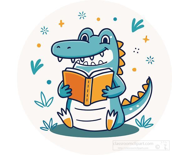 smiling alligator enjoys reading a book