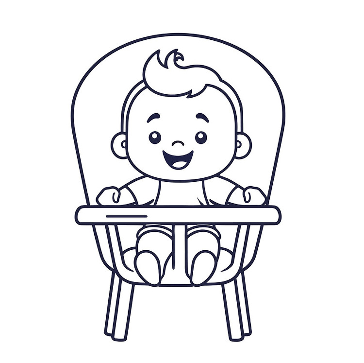 smiling baby sits in a high chair black outline