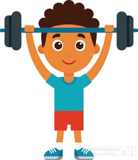 smiling boy holding up a barbell in a playful cartoon style