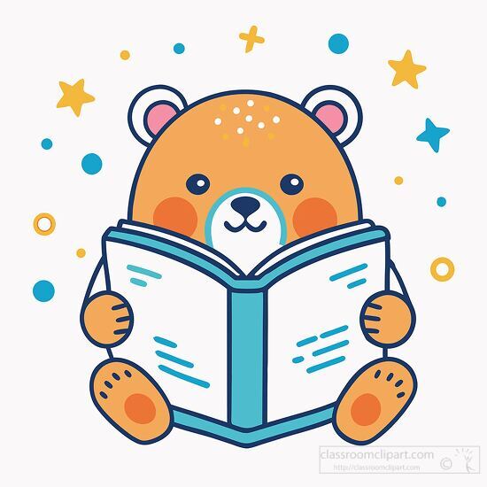 smiling brown bear holds an open book ready to read