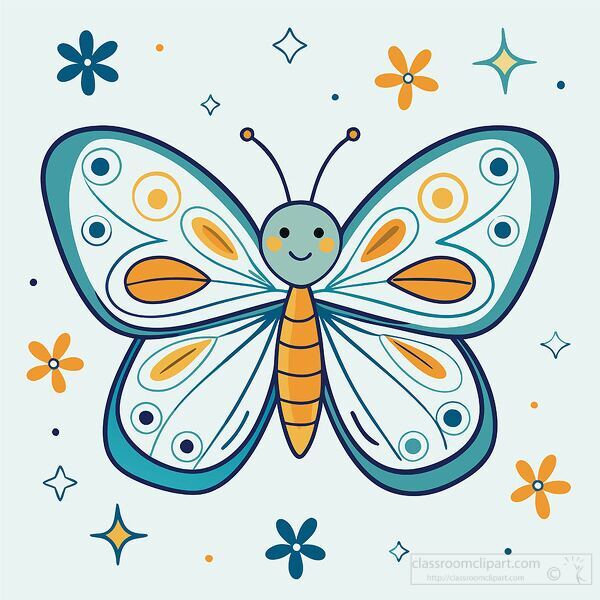 smiling butterfly with orange and teal wings