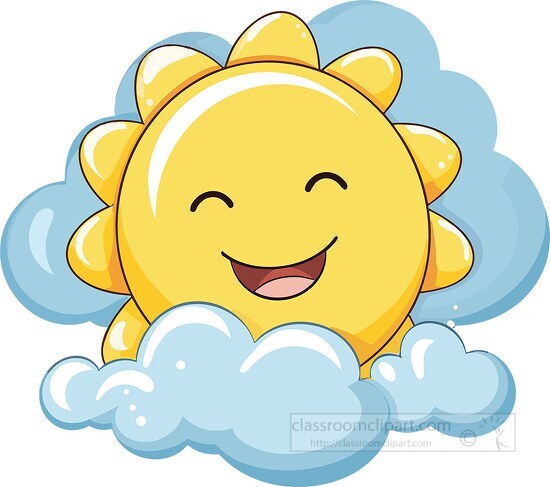 smiling cartoon sun surrounded by blue clouds