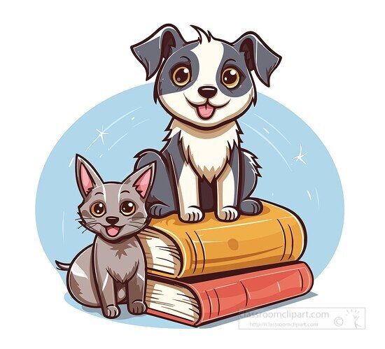 smiling cat and dog sitting on books clip art