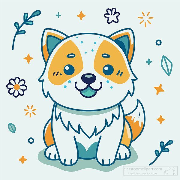 smiling dog sits contentedly surrounded by flowers and stars