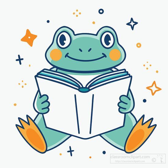 smiling frog reading a book