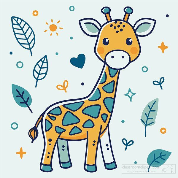 smiling giraffe with patterned spots is framed by decorative nat