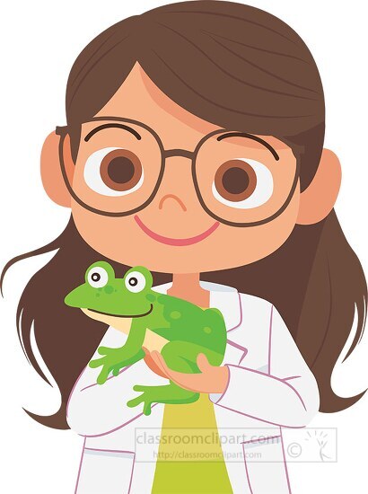 smiling Girl Scientist holds a green frog in her hands