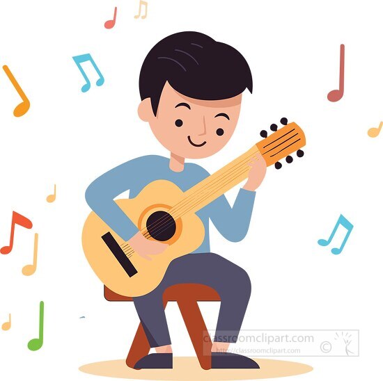 smiling guitarist with music notes floating in the air