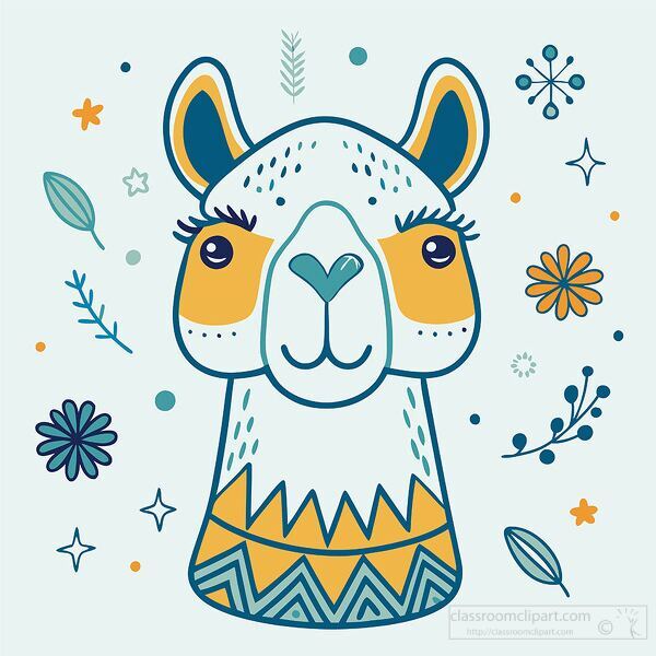 smiling llama with orange cheeks and long eyelashes is surrounde