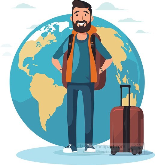smiling man wearing a backpack with suitcase prepares to travel