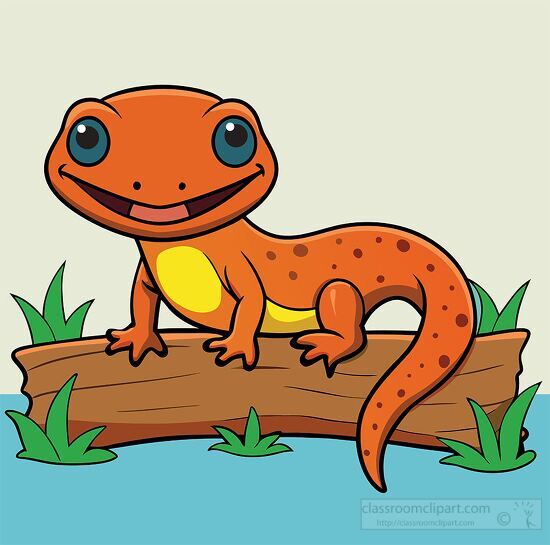 smiling orange salamander with spots poses on a log