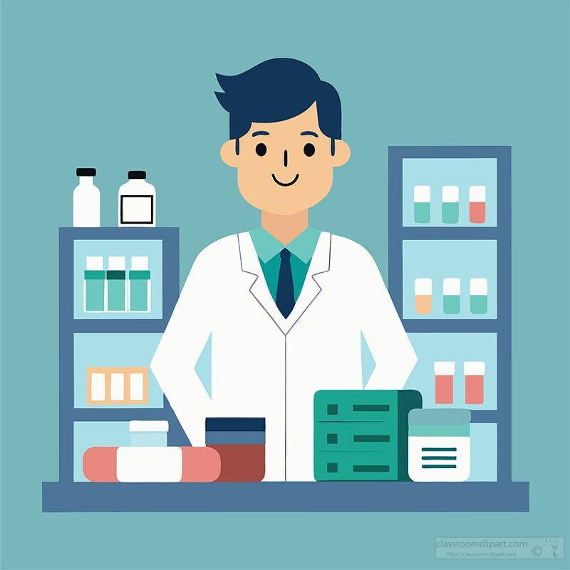 smiling pharmacist stands behind a counter with medicatiions