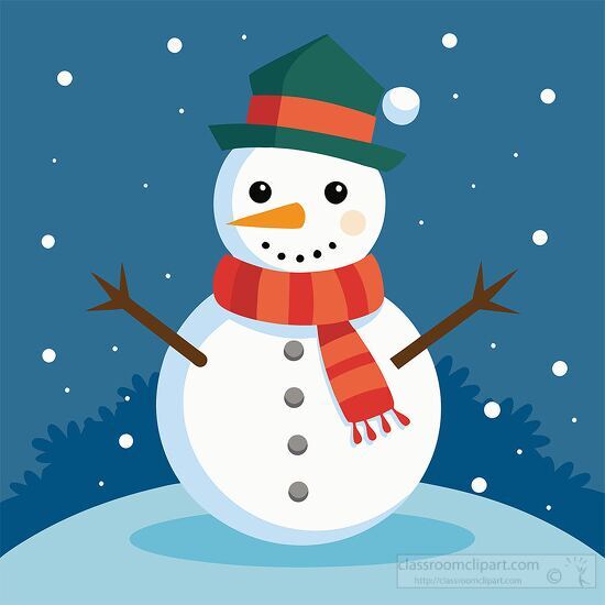 smiling snowman with a green hat stands in the winter snow