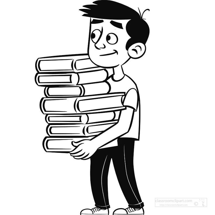 smiling student carries a tall stack of books