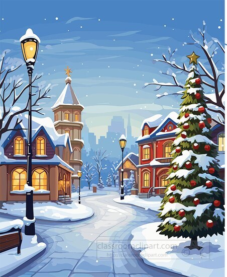 snow covered roads weave through a bustling town adorned for the