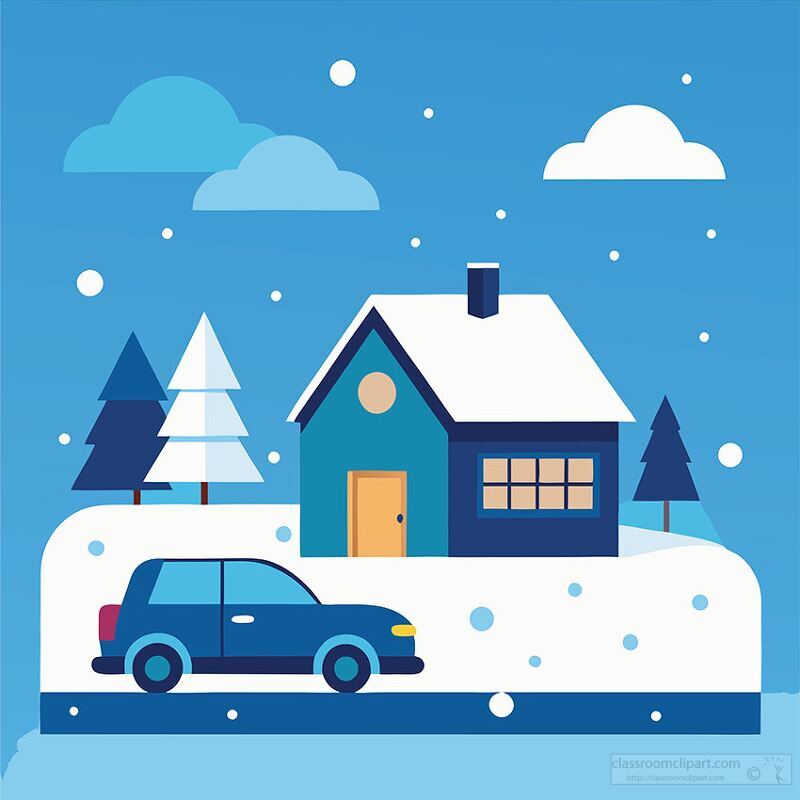 winter illustration with snowflakes falling around a house