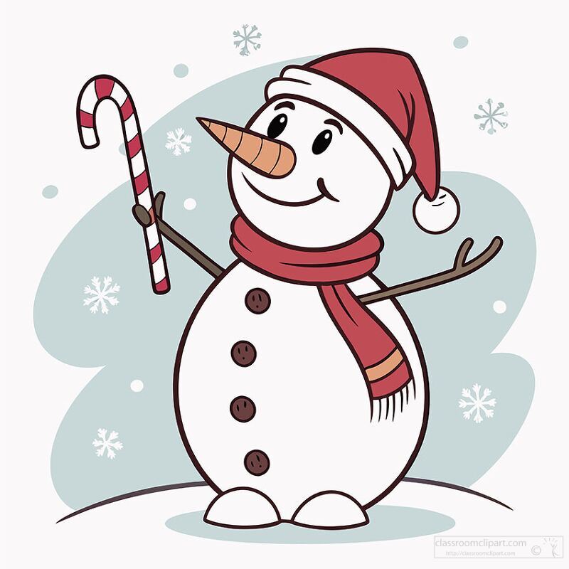 snowman in a Santa hat and scarf holds a candy cane surrounded by snowflakes