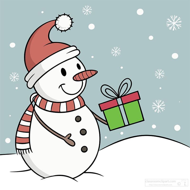 snowman wearing a Santa hat and scarf holds christmas gift