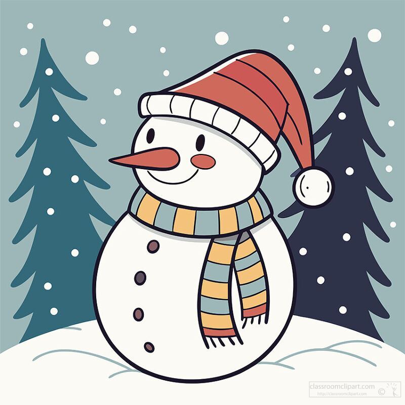 snowy scene with trees and snowman with a striped scarf and Sant