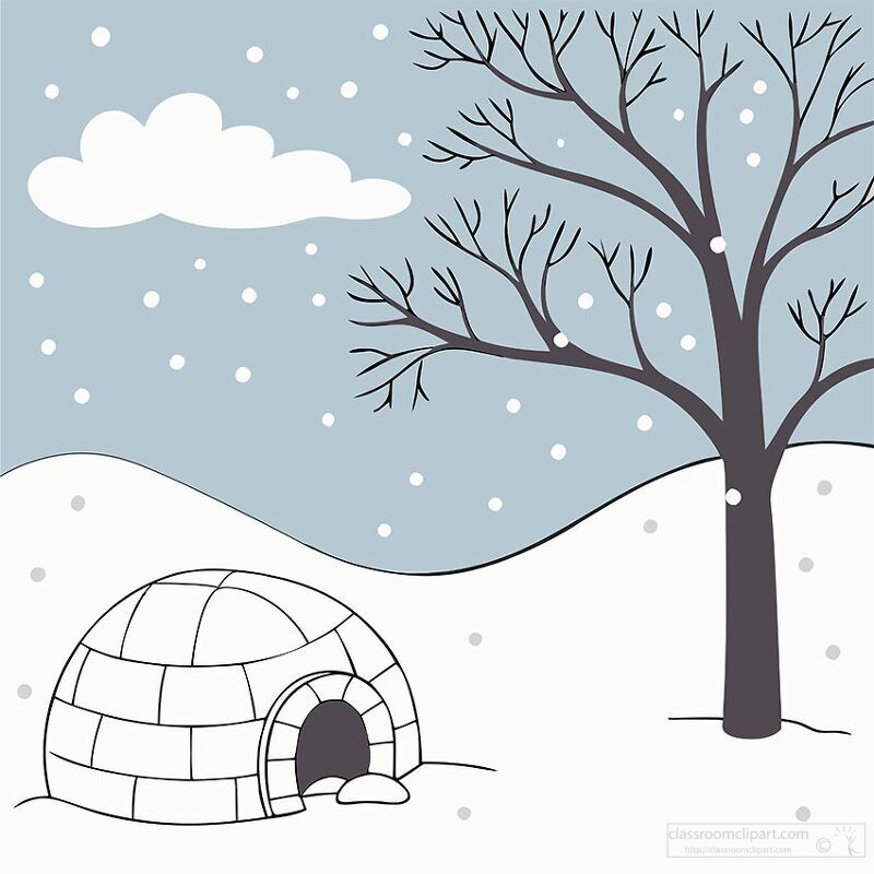 Cartoon igloo in a winter wonderland with a tree and clouds