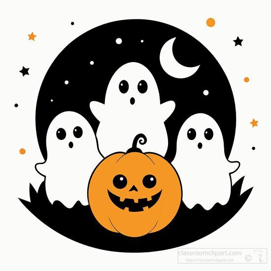 spooky halloween night with three ghosts