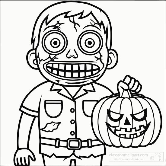 spooky zombie character gripping a carved pumpkin