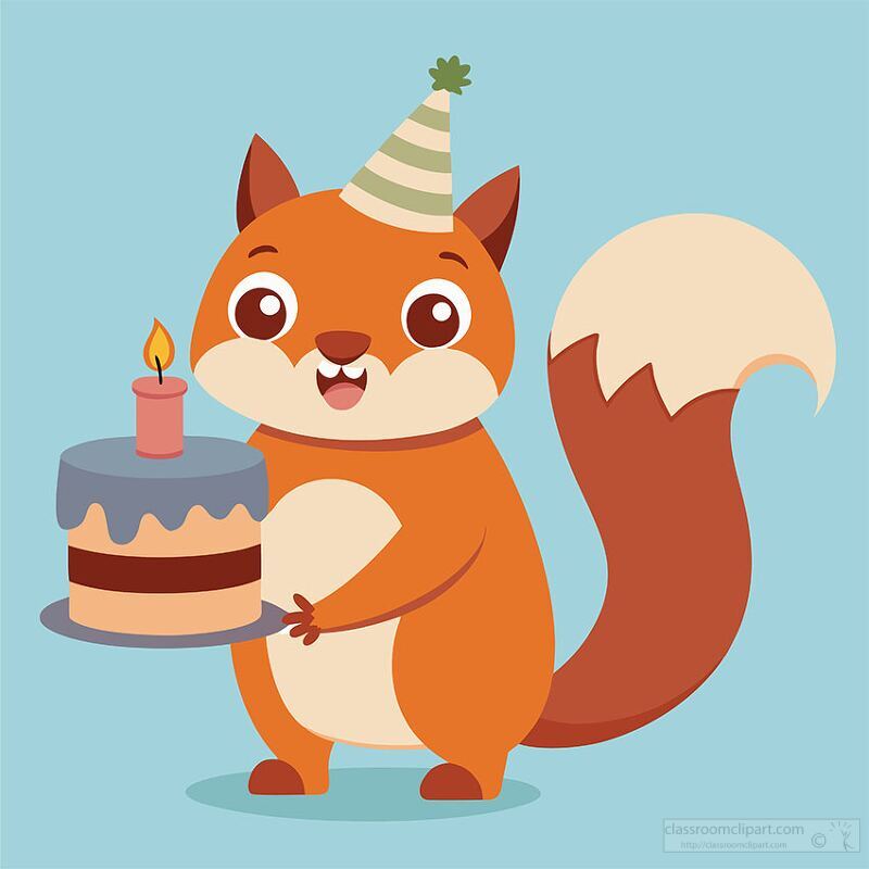 squirrel in a striped party hat holds a layered birthday cake with a lit candle smiling