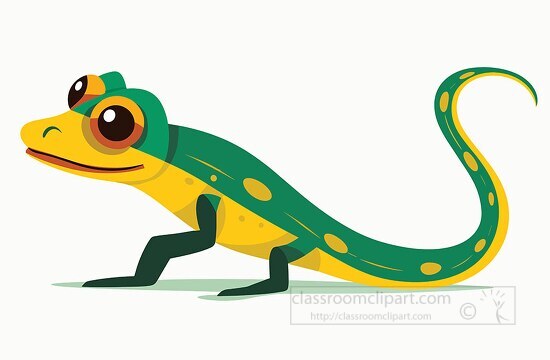 standing green and yellow gecko with large brown eyes and curved