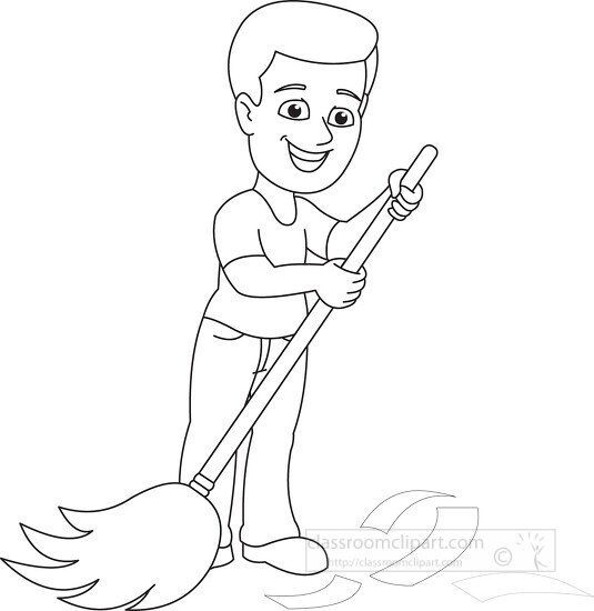 boy cleaning debris with broom black outline - Classroom Clip Art
