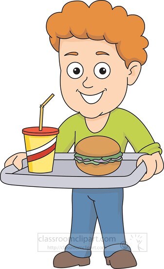 boy holding a tray of food with burger and drink - Classroom Clip Art