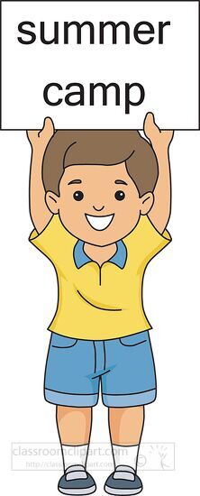 boy holding summer camp sign board - Classroom Clip Art