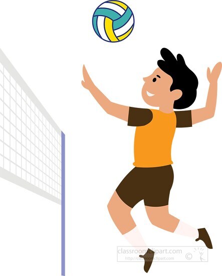Volleyball Clipart-boy jumps to hit volleyball over a net clip art