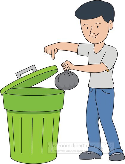 boy throwing trash into trash can - Classroom Clip Art