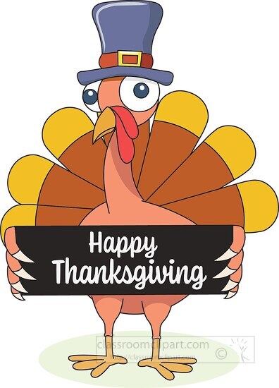 cartoon turkey holding happy thanksgiving sign clipart - Classroom Clip Art