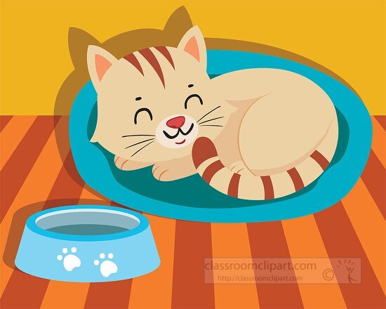 cute cuddly cat curled up sleeping in bed with food bowl nearby 