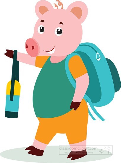 cute pig character going to school with water bottle and bagpack