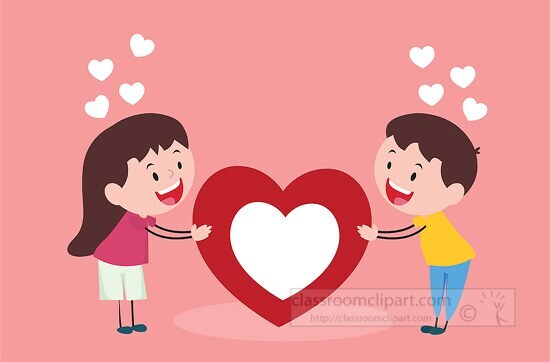 girl boy in love holding large red white heart pink background
