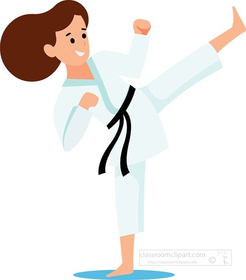 Martial Arts Clipart-girl wearing black belt practices karate kick Clipart