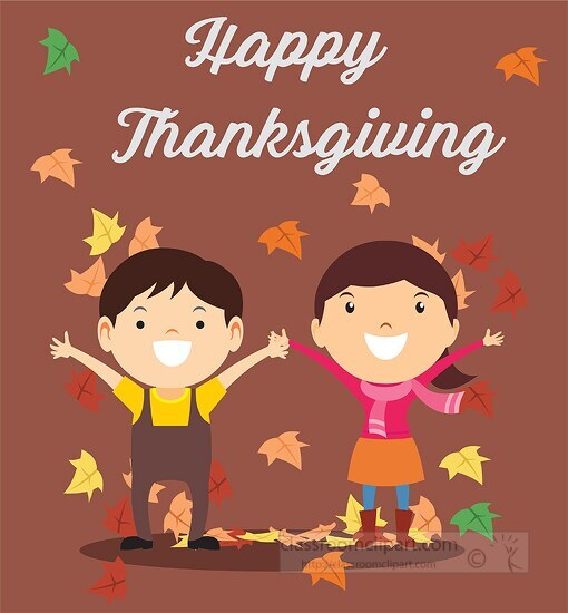 happy thanksgiving leaves falling on two children - Classroom Clip Art
