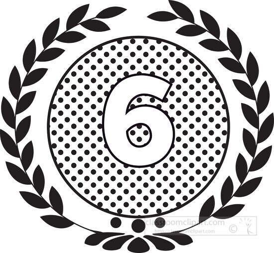 number six black white dots with wreath design - Classroom Clip Art