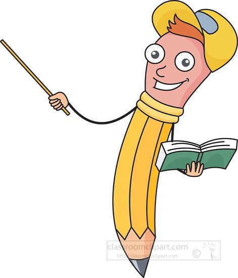 pencil cartoon character with hat book - Classroom Clip Art