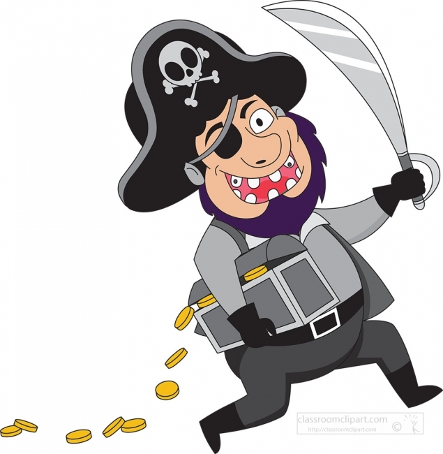 pirate running with chest of gold coins clipart - Classroom Clip Art