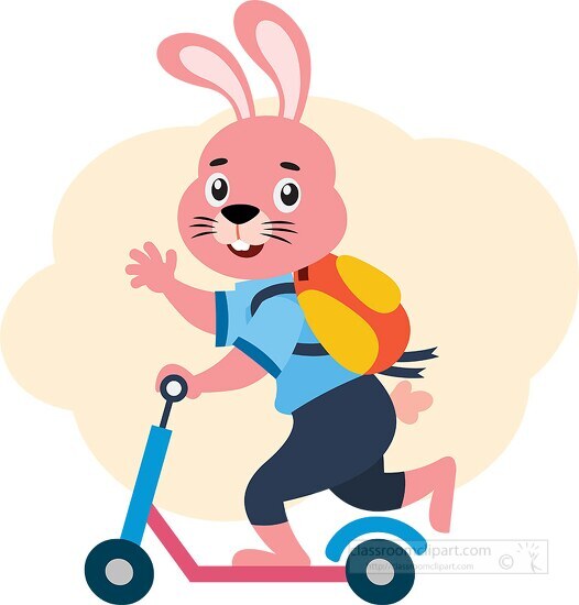 rabbit character going school on kick scooter clipart